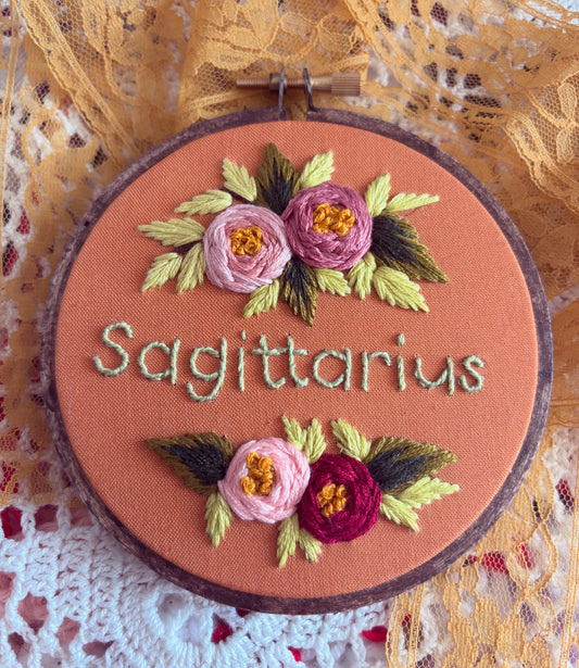 Small 4” Sagittarius astrology floral embroidery hoop