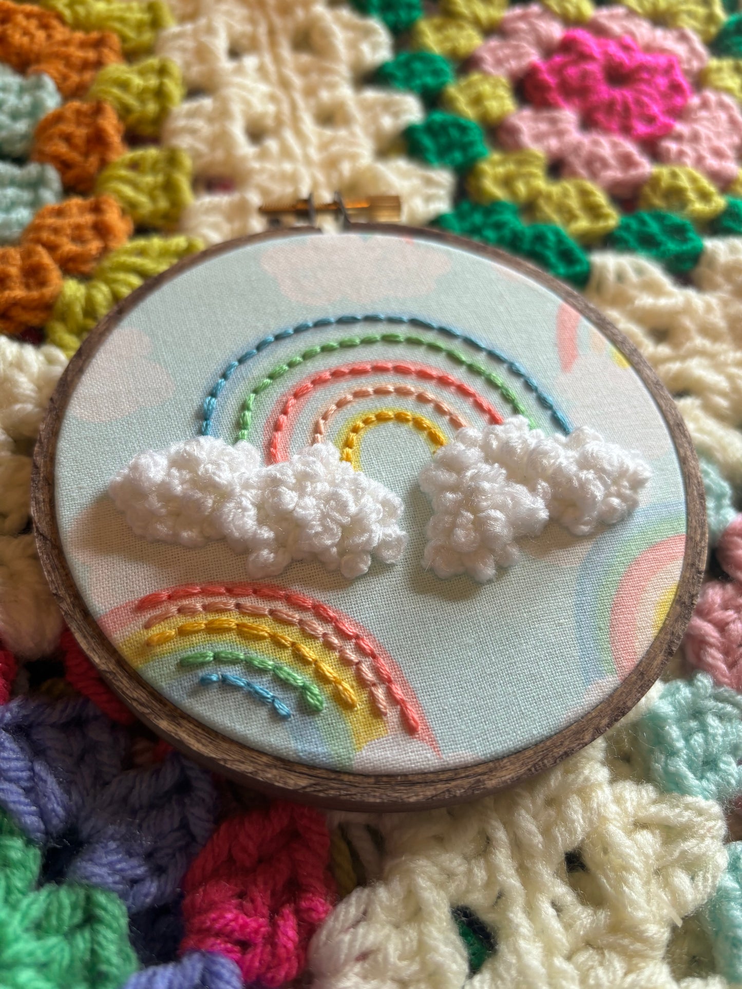 Small 4” fluffy cloud rainbow hand embroidery