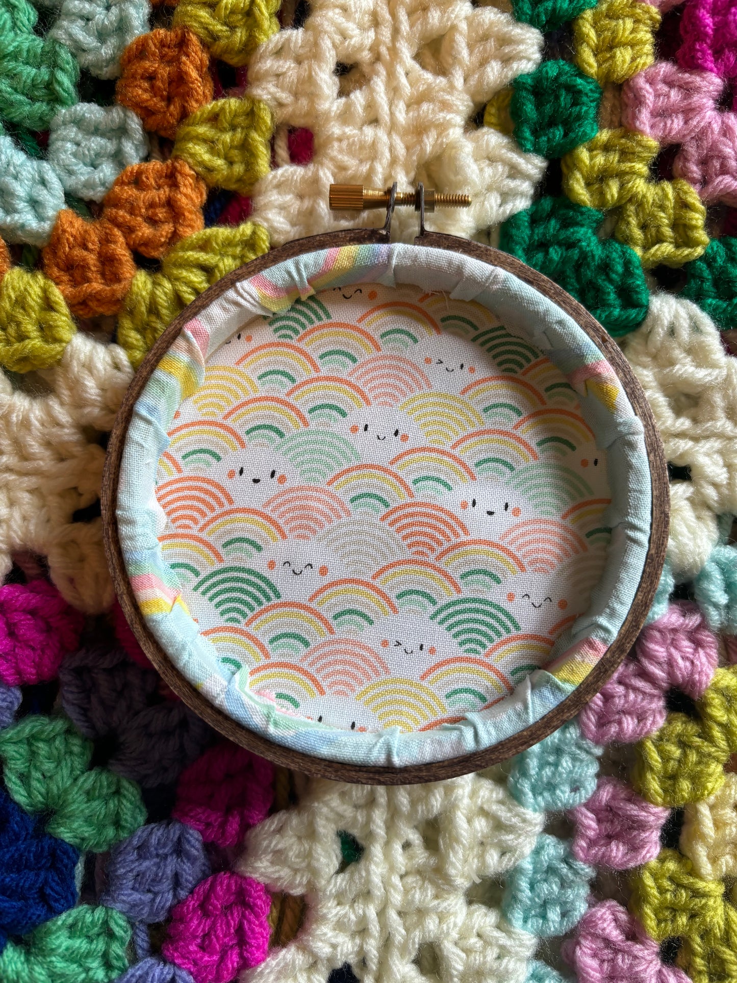 Small 4” fluffy cloud rainbow hand embroidery