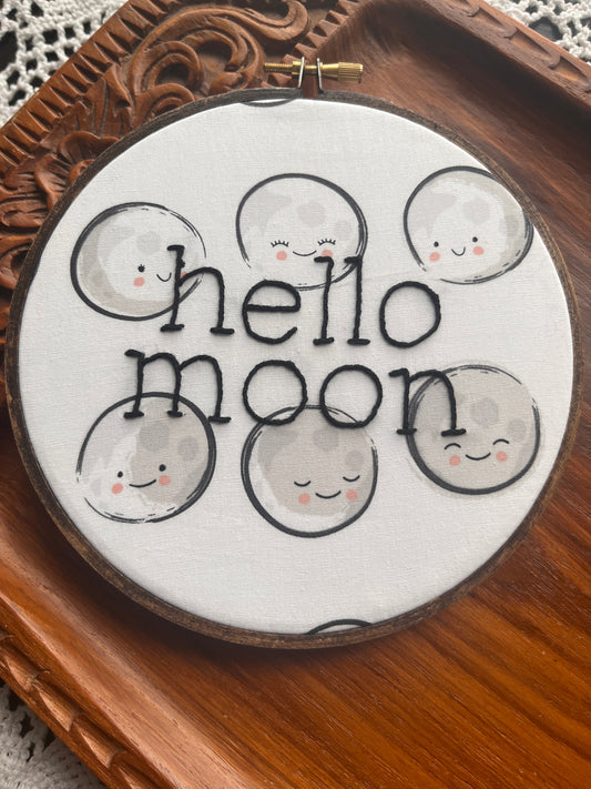 "hello moon" hand embroidered saying in 6" wooden embroidery hoop