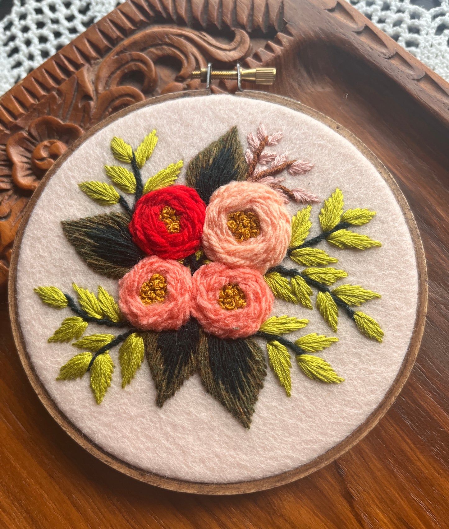 5” Pink flowers hand stitched on pink felt embroidered hoop