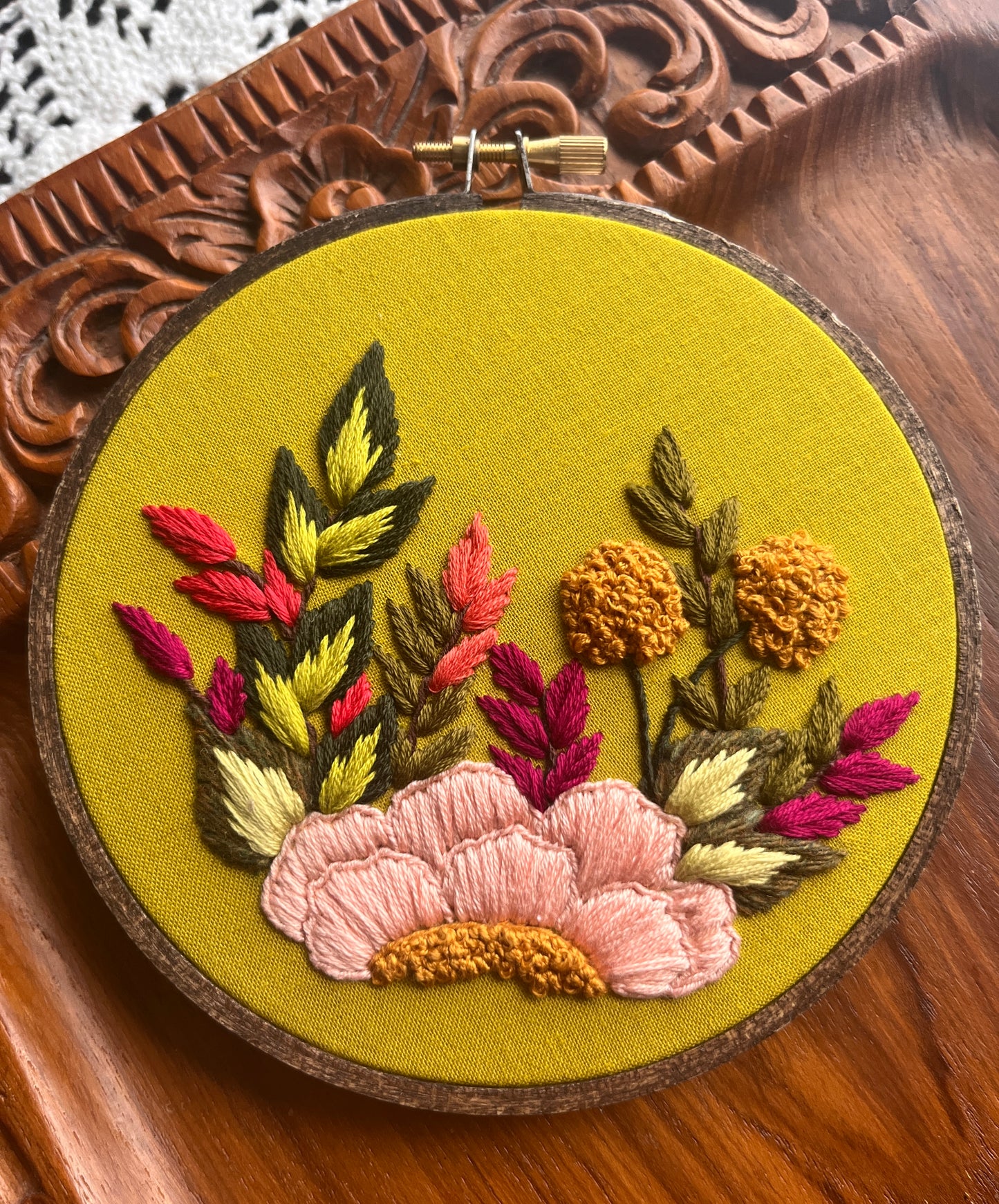 5” Pink floral on green fabric hand embroidered hoop