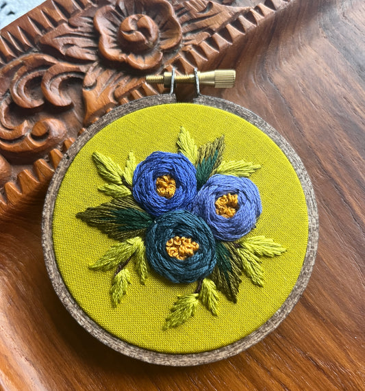 Mini 3” Blue floral embroidery hoop