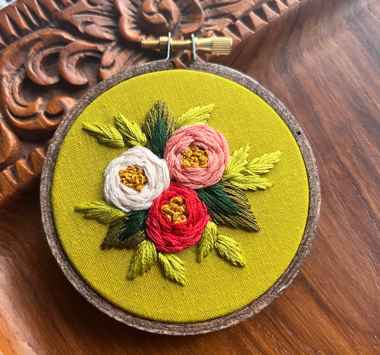 Mini 3” Pink and coral floral embroidery hoop